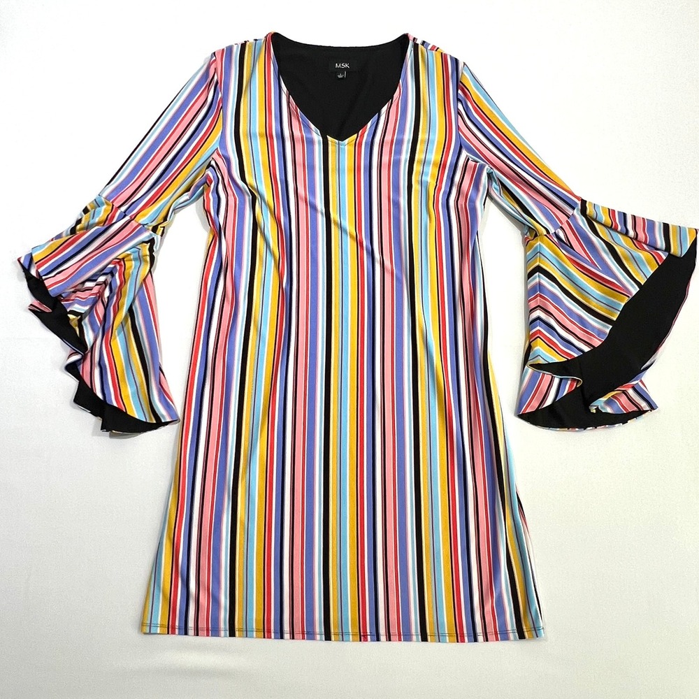 MSK Mini Shift Dress Striped Tiered Bell Sleeve Multicolor Retro Womens Large